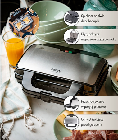 Opiekacz do kanapek 1300W, na 2 duże tosty, powłoka nieprzywierająca Camry CR 3054