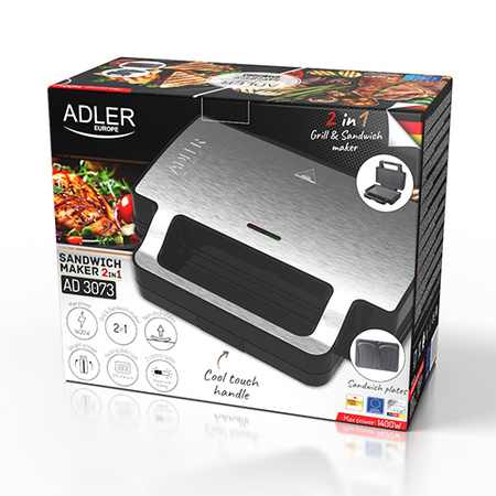 Opiekacz do kanapek i grill 2w1, 1400W, wymienne płyty nieprzywierające Adler AD 3073