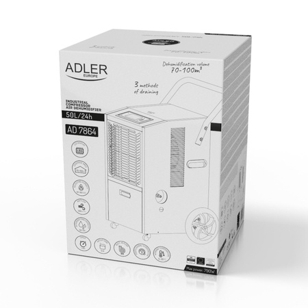 Przemysłowy osuszacz powietrza 50L/24h, 300 m³/h, pompa, LED Adler AD 7864