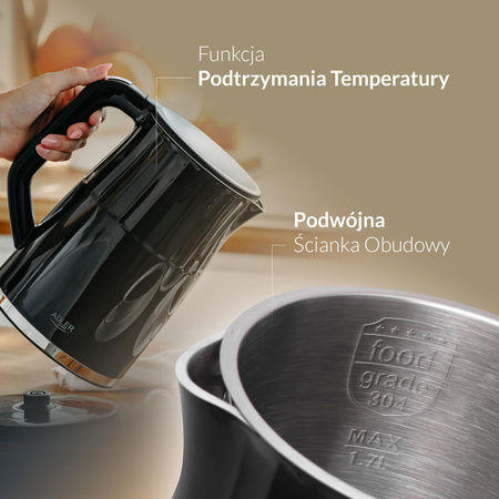 Czajnik elektryczny LED z regulacją temperatury 1.7L - metalowy Adler AD 1350