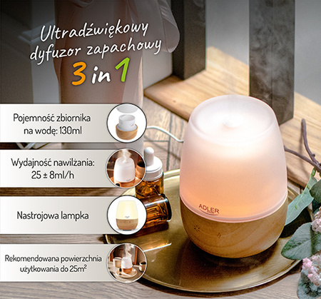 Nawilżacz powietrza ultradźwiękowy, dyfuzor zapachowy, 130ml, 7 kolorów Adler AD 7967
