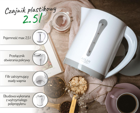 Czajnik elektryczny plastikowy 2,5L, 2200W, biały, obrotowa podstawa – Adler AD 1244