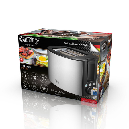 Toster 1000W na 2 kromki, ruszt, funkcja rozmrażania i podgrzewania Camry CR 3215