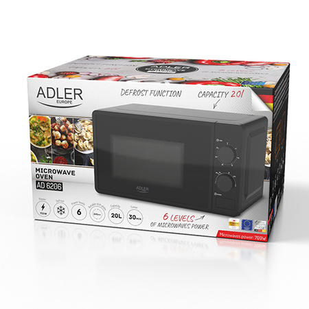 Kuchenka mikrofalowa 20L, 700 W, 6 poziomów mocy, rozmrażanie, mechaniczny timer 30 min Adler AD 6206
