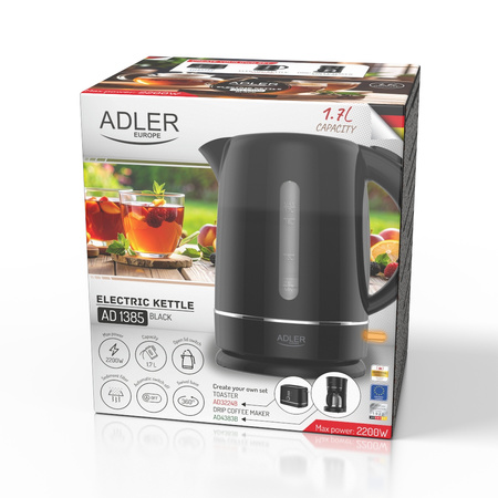 Czajnik elektryczny 2200W, 1.7L, płaska grzałka, filtr antywapienny Adler AD 1385 Black