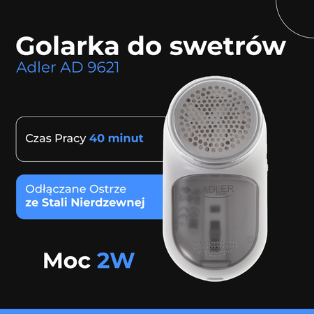Golarka do ubrań USB, 6500 obr./min, czas pracy 40 min, ostrza stalowe Adler AD 9621