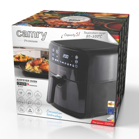 Frytkownica beztłuszczowa, piekarnik Air Fryer, 5L, LED, 2500W, programy, Camry CR 6311b