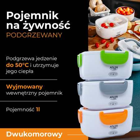 Pojemnik na żywność podgrzewany lunchbox 1.1L, dwukomorowy, 50°C, zasilany sieciowo Adler AD 4474