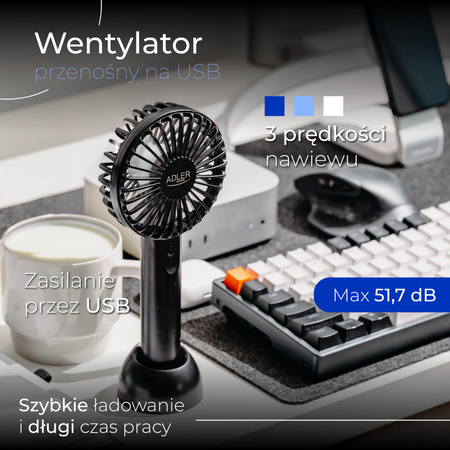 Mini wentylator USB, 3 prędkości, cicha praca, podróżny, biurkowy – Adler AD 7338
