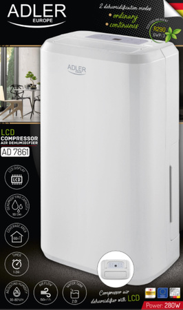 Osuszacz Powietrza 10L/24h z LCD Wyświetlaczem, Kompresorowy, Adler AD 7861