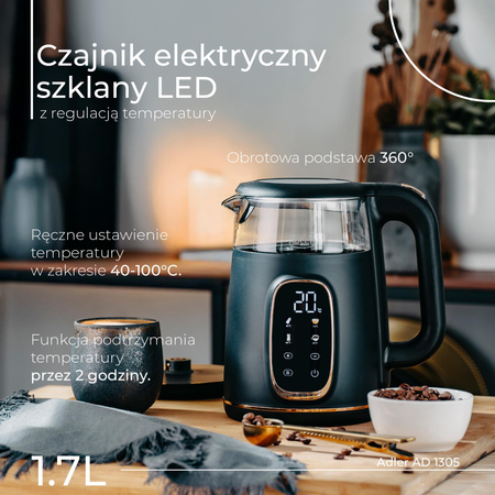 Czajnik elektryczny z regulacją temperatury, szklany, 1.7L 2200W Adler AD 1305 bg