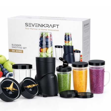 Blender personalny Tytanowe ostrza, 4 bidony, Kruszenie lodu 1200W SevenKraft SK 4090