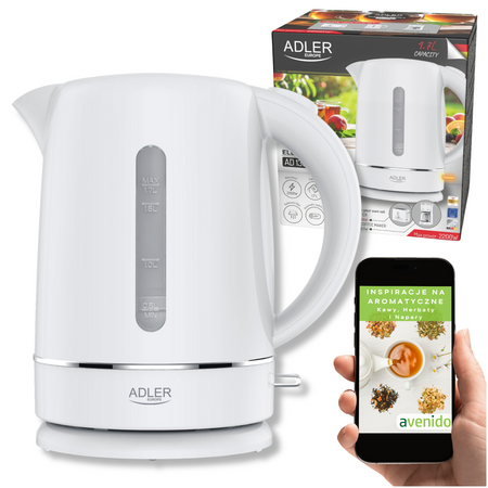 Czajnik elektryczny 2200W, 1.7L, płaska grzałka, filtr antywapienny Adler AD 1385 White