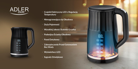 Czajnik elektryczny LED z regulacją temperatury 1.7L - metalowy Adler AD 1350