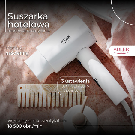 Suszarka hotelowa do włosów, montaż natynkowy, 3 ustawienia temperatury Adler AD 2285w AD2285w