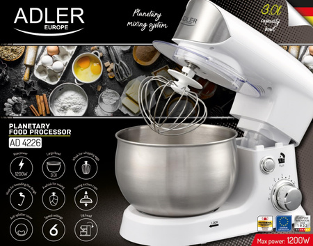 Robot kuchenny planetarny 1200W, biały, wielofunkcyjny - Adler AD 4226