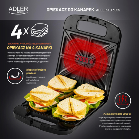 Opiekacz do kanapek 2000W, 4 tosty, powłoka nieprzywierająca, Adler AD 3055