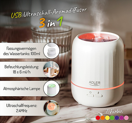 Nawilżacz powietrza ultradźwiękowy, dyfuzor zapachowy 100ml, 7 kolorów, efekt świecy Adler AD 7968