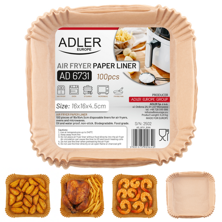 Papierowe wkłady do frytkownicy 16×16 cm, 100 szt. – Adler AD 6731