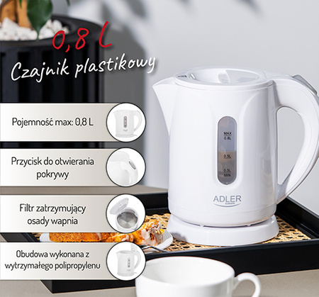 Czajnik plastikowy 0,8 L, biały, lekki - Adler AD 1371