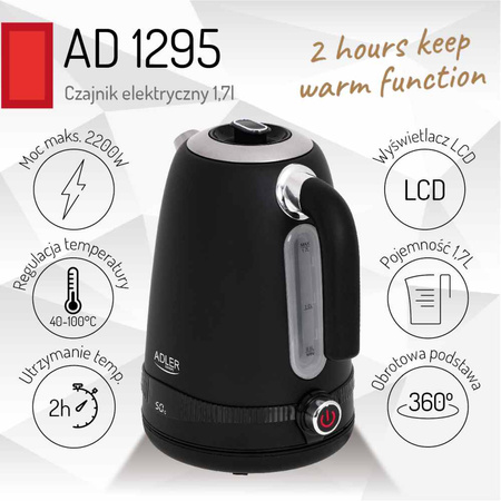 Czajnik metalowy z LCD i regulacją temperatury 1,7L - Adler AD 1295