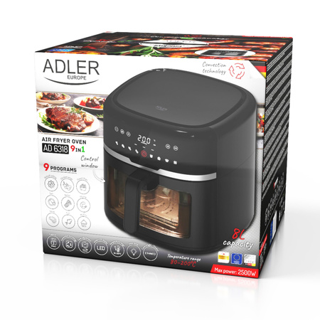 Frytkownica beztłuszczowa 8L, Air Fryer 2500W, 9 programów, dotyk LED Adler AD 6318