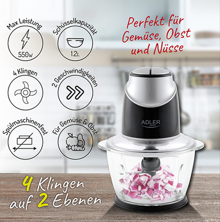 Rozdrabniacz kuchenny, szklana misa 1,2L, 4 ostrza, 550W – Adler AD 4082