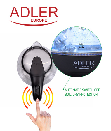 Czajnik elektryczny szklany 1,5L, 2200W, obrotowa podstawa, filtr – Adler AD 1224