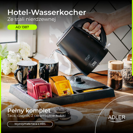 Czajnik elektryczny hotelowy – zestaw powitalny z tacą i 2 kubkami Adler AD1387
