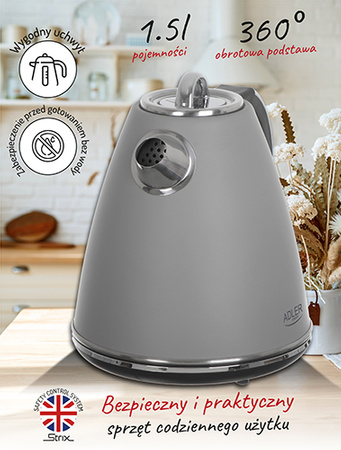 Czajnik elektryczny 1.5L, 2200W, stal nierdzewna, system Strix Adler AD 1343