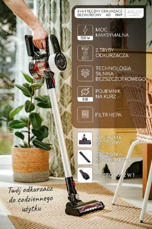 Odkurzacz bezprzewodowy pionowy ręczny 3w1 bezworkowy cyklonowy z elektroszczotką Adler AD 7048