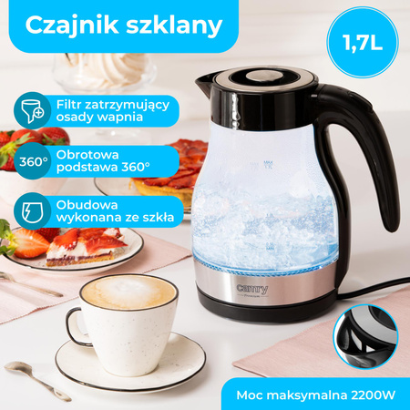 Czajnik elektryczny szklany 1.7L, 2200W, podświetlenie LED, płaska grzałka Camry CR 1300