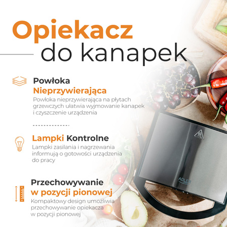 Opiekacz do kanapek 1000W, nieprzywierająca powłoka, do dwóch tostów XXL Adler AD 3069