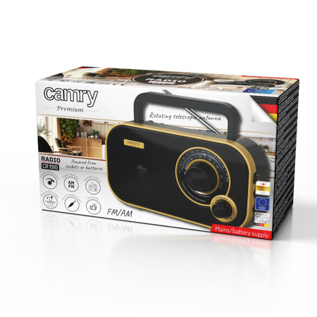 Radio FM/AM, 2W, antena teleskopowa, retro design, 230V/baterie Camry CR 1910g