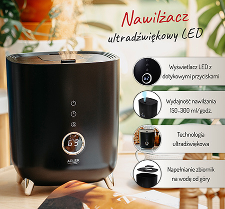 Nawilżacz powietrza ultradźwiękowy 4L, higrometr, aromaterapia, timer Adler AD 7972