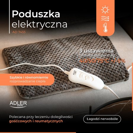 Poduszka elektryczna Adler AD 7433 – 80W, 3 temperatury, pokrowiec do prania