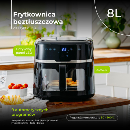 Frytkownica beztłuszczowa 8L, Air Fryer 2500W, 9 programów, dotyk LED Adler AD 6318