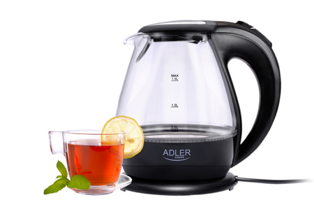 Czajnik elektryczny szklany 1,5L, 2200W, obrotowa podstawa, filtr – Adler AD 1224