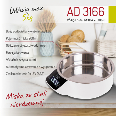 Waga kuchenna z misą 5 kg, 1 g, obliczanie objętości wody i mleka Adler AD 3166