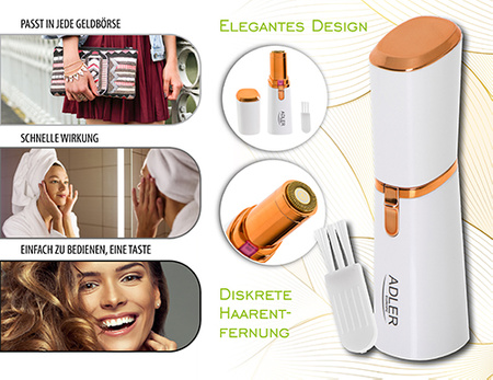 Trymer damski do twarzy, dyskretny, bezbolesna depilacja, lampka LED Adler AD 2939