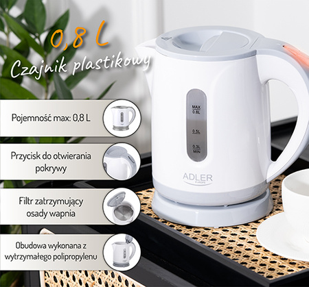 Czajnik elektryczny plastikowy, 0,8L, 850W, filtr, blokada, Adler AD 1371g
