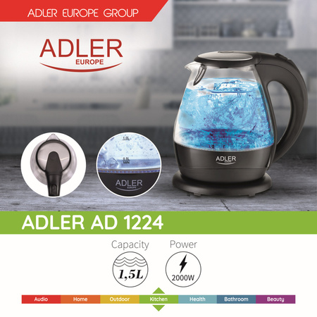 Czajnik elektryczny szklany 1,5L, 2200W, obrotowa podstawa, filtr – Adler AD 1224