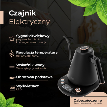 Czajnik elektryczny 1.0L, regulacja 40-100°C, podtrzymanie, LED Adler AD1349