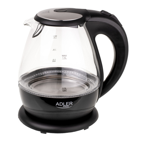 Czajnik elektryczny szklany 1,5L, 2200W, obrotowa podstawa, filtr – Adler AD 1224