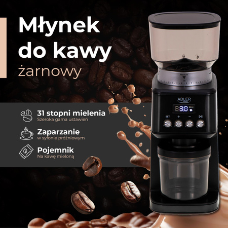 Młynek do kawy żarnowy, 31 ustawień mielenia, timer, 300g zbiornik – Adler AD 4300
