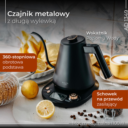 Czajnik elektryczny 1.0L, regulacja 40-100°C, podtrzymanie, LED Adler AD1349