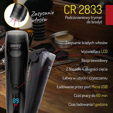 Trymer do brody, podciśnieniowe zasysanie włosów, LCD, ładowanie USB Camry CR 2833