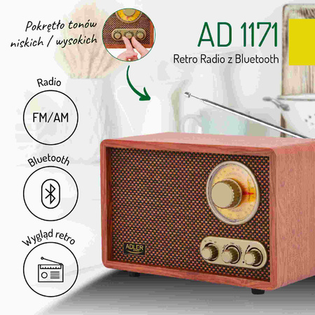 Retro Radio Bluetooth | Elegancki Design | Wysoka Jakość Dźwięku – Adler AD 1171