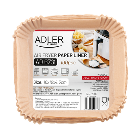 Papierowe wkłady do frytkownicy 16×16 cm, 100 szt. – Adler AD 6731