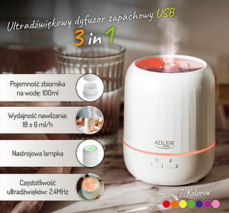 Nawilżacz powietrza ultradźwiękowy, dyfuzor zapachowy 100ml, 7 kolorów, efekt świecy Adler AD 7968